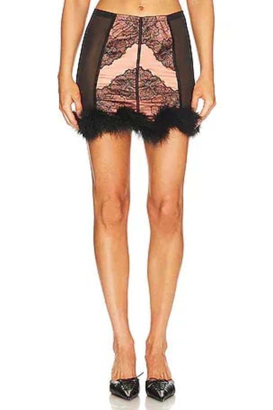 Thistle and Spire Fête Feather Trimmed Peach Black Mini Skirt Slip Size Small S